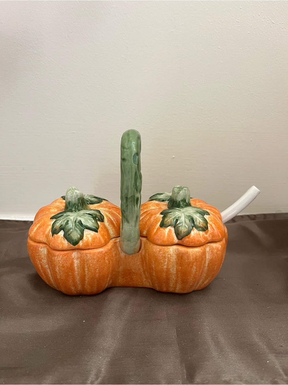 Ceramic Double Pumpkin Candy Dish with Handle - Orange & Green